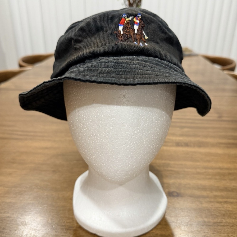 Vintage Black Flexfit Bucket Hat Embroidered Polo Players 98% Cotton Yupoong